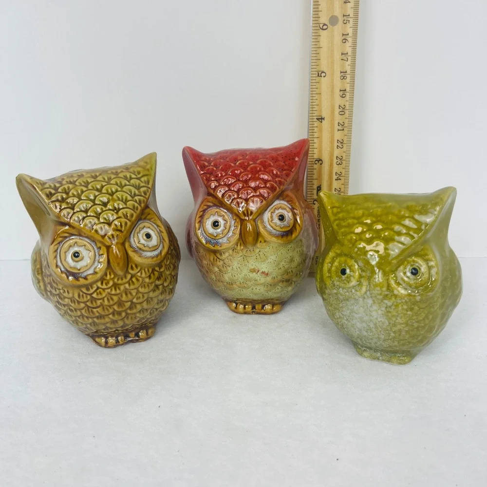 Vintage Style Ceramic Owl Figurines Set of 3 Retro Glaze Bird Yellow Red Green